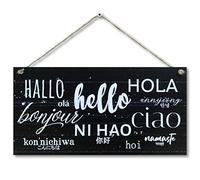 CARISPIBET Hello! Hola! Bonjour! | Home decoration plaque sign travel languages 6" x 12"
