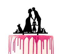 CARISPIBET wedding cake decoration groom and bride together with two daughters, a son and a dog acryllic silhouette (Daughter cats and dogs)