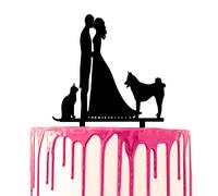 CARISPIBET wedding cake topper groom and bride kissing with one cat and one dog silhouette