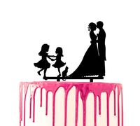 CARISPIBET wedding cake topper groom kisses bride on the forehead two daughters are dancing and there is a pet cat