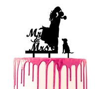 CARISPIBET wedding cake topper groom picks up bride and kisses her Mr & Mrs script by the side pet dog as optional piece
