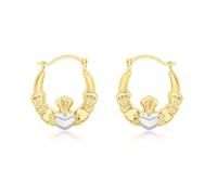 CARISSIMA Women's 9 ct 2 Colour Gold Claddagh Creole Earrings | Real 9ct yellow gold Irish Claddagh hoops, hands holding a white gold heart and crown, 14 x 15mm, hinged post fitting