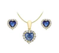 CARISSIMA Women's 9 ct Yellow Gold Blue and White Cubic Zirconia Cluster Heart Stud Earrings and Pendant on Chain of 46 cm/18 inch