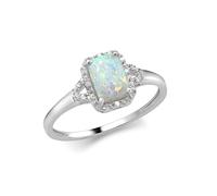 CARISSIMA Women's 9ct White Gold 0.03ct Diamond and Synthetic Opal 7mm x 8.5mm Rectangular Halo Ring #N