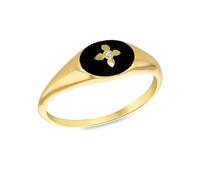 CARISSIMA Women's 9ct Yellow Gold Black Enamel With Diamond Flower Oval Signet Ring #O