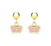 CARISSIMA Women's 9ct Yellow Gold Pink Enamel Butterfly Ball Drop Stud Earrings