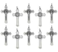 Caritas et Fides Pack of 10 - St Benedict Crucifix Cross for Rosary Making - Large 2 Inch Silver Oxidized Crucifix Rosary Part for St Benedict Rosary or Mens Catholic Necklace, Made in Italy