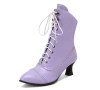 Carkuolary Womens Vintage Lace Up Calf Length Victorian Boots Leather Louis Heel Steampunk Gothic Boots for Women Girls Ladies Purple Size 10.5