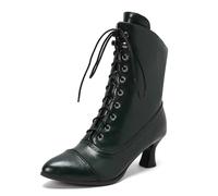 Carkuolary Womens Vintage Lace Up Calf Length Victorian Boots Leather Louis Heel Steampunk Gothic Boots for Women Girls Ladies Green Size 5.5