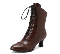 Carkuolary Womens Vintage Lace Up Calf Length Victorian Boots Leather Louis Heel Steampunk Gothic Boots for Women Girls Ladies Brown Size 10.5