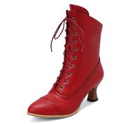 Carkuolary Womens Vintage Lace Up Calf Length Victorian Boots Leather Louis Heel Steampunk Gothic Boots for Women Girls Ladies Red Size 6