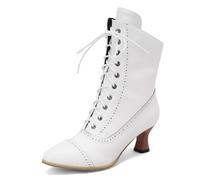 Carkuolary Womens Vintage Lace Up Calf Length Victorian Boots Leather Louis Heel Steampunk Gothic Boots for Women Girls Ladies White Size 5