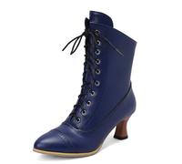 Carkuolary Womens Vintage Lace Up Calf Length Victorian Boots Leather Louis Heel Steampunk Gothic Boots for Women Girls Ladies Blue Size 9.5