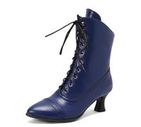 Carkuolary Womens Vintage Lace Up Calf Length Victorian Boots Leather Louis Heel Steampunk Gothic Boots for Women Girls Ladies Blue Size 6
