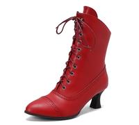 Carkuolary Womens Vintage Lace Up Calf Length Victorian Boots Leather Louis Heel Steampunk Gothic Boots for Women Girls Ladies Red Size 4