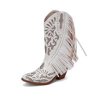 Carkuolary Women's Western Cowboy Work Boots Fringe Bootie Tassel Boots Fashion Retro Classic Tall Boot for Women Girls Ladies White Size 6