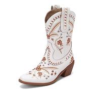 Carkuolary Women's Western Cowboy Work Boots with Embroidered Fashion Retro Classic Tall Boot for Women Girls Ladies White Size 9