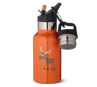 Carl Oscar Kids Double Wall Thermos Flask - Insulated Bottle Now Hot 10 or 24 Hours Cold 0.3 Litre with One Elk, Orange Supplied with 2 Lids, One with Straw.