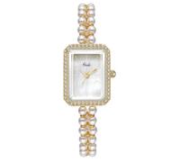 CARLIEN Luxury Pearl Bracelet Quartz Watches for Women Small Rectangular Dial with Rhinestone Bezel Fashion Analog Dress Wrist Watch, Gold White, Fashion, Luxury, Elegant