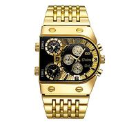 CARLIEN Men’s Luxury Rectangle Square Gold Silver Big Face Luminous Waterproof Quartz Watch Sports Multi-Time Zone Military Stainless Steel Male Dress Wristwatch, Gold Black, Fashion, Luxury, Business