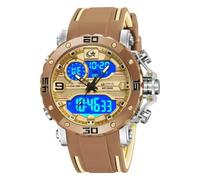 CARLIEN Men's Multifunction Colorful Military Sports Analog Digital Watch LED Backlight Big Face Silicone Band Auto Date Stopwatch 50M Waterproof Outdoor Fashion Wristwatch, Brown, Fashion, Stylish