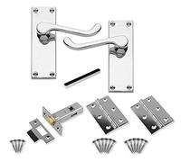 Carlisle Brass - Victorian Scroll Lever Latch Door Handles, 64mm Mortice Tubular Latch and Hinges Set for Internal Doors (Polished Chrome)