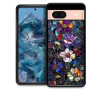 CARLOCA Compatible with Google Pixel 8A Case for Girls Boys Hard Shell Shockproof Protection TPU Non Slip for Google Pixel 8A Fashion Pattern Colorful Flowers Leaves Dark Stained Glass Art