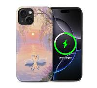 CARLOCA for iPhone 13 14 Compatible with Magsafe Full Body Hybrid 2 Layer Matte Case Hard Shell Silicone Protective Case Pattern Loving Swans Lake Willow Tree Pink Flowers