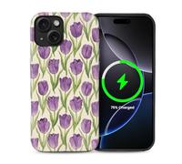 CARLOCA for iPhone 13 14 Compatible with Magsafe Full Body Protective Glossy Case for Girl Boy Shockproof Magnetic Charge Esthetics Pattern Retro Cream Purple Tulip Green Leaves