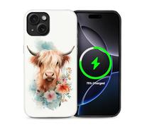 CARLOCA for iPhone 13 14 Compatible with Magsafe Full Body Protective Glossy Case for Girl Boy Shockproof Magnetic Charge Esthetics Pattern Cute Highland Cow Pastel Watercolor Flowers