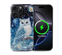 CARLOCA for iPhone 15 Pro Compatible with Magsafe Full Body Protective Glossy Case for Girl Boy Shockproof Magnetic Charge Esthetics Pattern Blue Snowy Owl Crystals Starry Night Sky