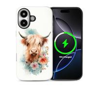 CARLOCA for iPhone 16 Compatible with Magsafe Full Body Protective Glossy Case for Girl Boy Shockproof Magnetic Charge Esthetics Pattern Cute Highland Cow Pastel Watercolor Flowers