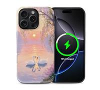 CARLOCA for iPhone 16 Pro Compatible with Magsafe Full Body Hybrid 2 Layer Matte Case Hard Shell Silicone Protective Case Pattern Loving Swans Lake Willow Tree Pink Flowers
