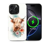 CARLOCA for iPhone 16 Pro Max Compatible with Magsafe Full Body Protective Glossy Case for Girl Boy Shockproof Magnetic Charge Esthetics Pattern Cute Highland Cow Pastel Watercolor Flowers