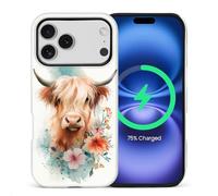 CARLOCA for iPhone 17 Pro Compatible with Magsafe Full Body Protective Glossy Case for Girl Boy Shockproof Magnetic Charge Esthetics Pattern Cute Highland Cow Pastel Watercolor Flowers