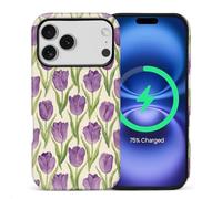 CARLOCA for iPhone 17 Pro Compatible with Magsafe Full Body Protective Glossy Case for Girl Boy Shockproof Magnetic Charge Esthetics Pattern Retro Cream Purple Tulip Green Leaves