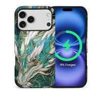 CARLOCA for iPhone bnmcv Compatible with Magsafe Full Body Protective Glossy Case, for Girl Boy Shockproof Magnetic Charge Esthetics Pattern Teal White Dragon Stained Glass