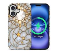 CARLOCA for iPhone cvbnm Compatible with Magsafe Full Body Protective Glossy Case, for Girl Boy Shockproof Magnetic Charge Esthetics Pattern White Marble Golden Sun Moon Mosaic