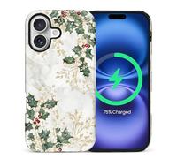 CARLOCA for iPhone cvbnm Compatible with Magsafe Full Body Protective Glossy Case, for Girl Boy Shockproof Magnetic Charge Esthetics Pattern White Marble Green Holly Leaves Golden Christmas