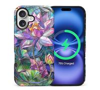 CARLOCA for iPhone cvbnm Compatible with Magsafe Full Body Protective Glossy Case, for Girl Boy Shockproof Magnetic Charge Esthetics Pattern Lotus Flower Colorful Stained Glass Design