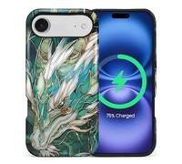 CARLOCA for iPhone vbnmc Compatible with Magsafe Full Body Protective Glossy Case, for Girl Boy Shockproof Magnetic Charge Esthetics Pattern Teal White Dragon Stained Glass