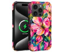 CARLOCA Magnetic Case for iPhone 15 Pro Max,Vibrant Pink Petals Fresh Green Foliage Design Upgrade Hybrid Dual Protection Soft TPU + Hard PC,Anti-Scratch Cover Men Women Stylish Protective Phone Case