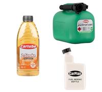Carlube 2-Stroke Fully Synthetic Motorcycle Oil, CarPlan 5L Fuel Can, Unleaded Petrol (Green) + CarPlan 2-Stroke Fuel Mixing Bottle 1L
