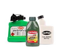 Carlube 2-Stroke Garden Machinery Oil, CarPlan 5L Fuel Can, Unleaded Petrol (Green) + CarPlan 2-Stroke Fuel Mixing Bottle 1L