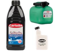 Carlube High Performance 2-Stroke Engine Oil 1L for Marine and Small Engines, CarPlan TPH005 5L Fuel Can, Unleaded Petrol (Green) + CarPlan 2-Stroke Fuel Mixing Bottle 1L