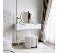 CARME Home Esme White Dressing Table With Maisie Led Mirror & Maeva Bouclé Storage Stool