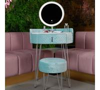 CARME Home French Riviera Baby Blue Velvet Dressing Table With Led Touch Sensor Mirror