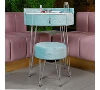 CARME Home French Riviera Upholstered Velvet Dressing Table With 1 Storage Drawer & Stool Set Makeup Vanity Dresser (Baby Blue)