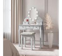 CARME Home Grey Vanity Dresser Stool Set Hollywood Led Mirror Lights Battery Vintage Design 5 Storage Drawers Makeup Table Jewellery Organise