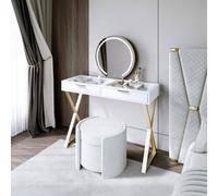 CARME Home Jess White Dressing Table With Maisie Led Mirror & Maeva Bouclé Storage Stool